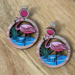Pink Flamingo Wooden Earrings NEW post back dangle drop tropical earrings